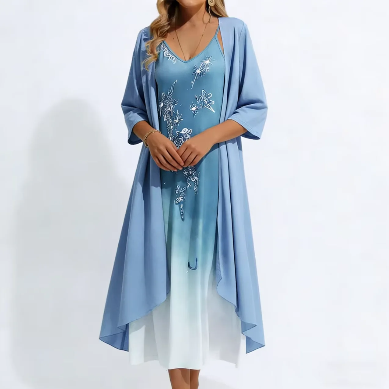 2026 Women's Summer 2-Piece Maxi Dress Set –Embroidery Print, Spaghetti Strap Dress & Open Front