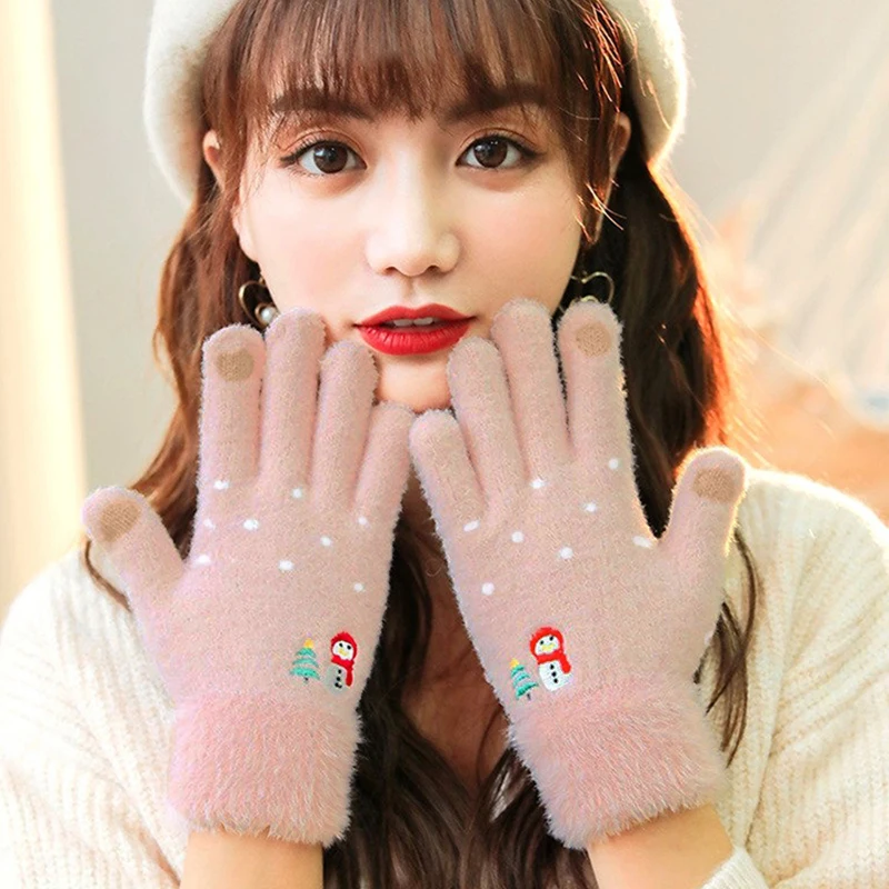 Women's Warm Knitted Cute Korean Edition Snowman With Velvet Touchscreen Gloves