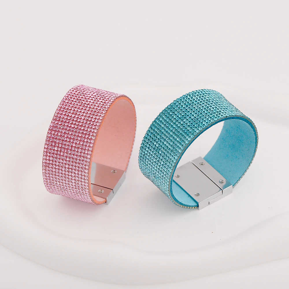 Fashion Full Rhinestones Bracelet Silver Color Magnet Button Statement Bangles for Girls Women Clothing Accessory