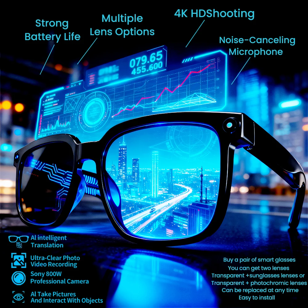 

2026 AI Smart Glasses Bluetooth Call Music Play 100+ Languages Translation Sunglasses Men Women with 8MP Camera Video Recording