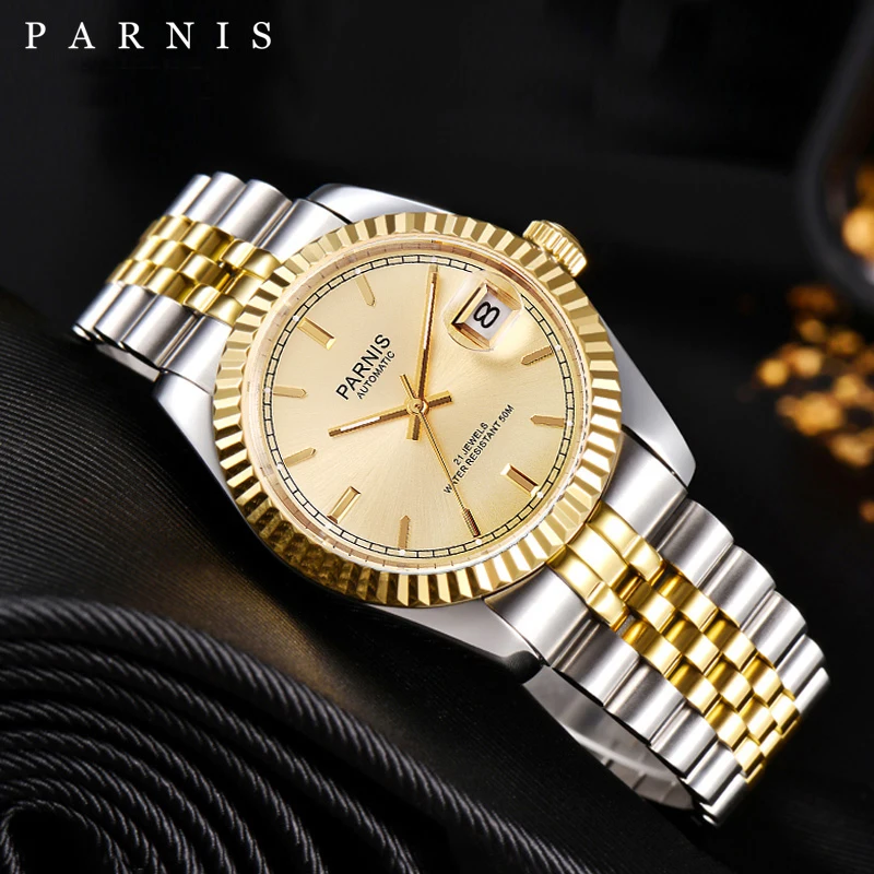 Parnis 36mm Mens Automatic Watch Miyota 8215 6T51 Luxury 5ATM Gold/Black/Silver Dial Unisex Sapphire Glass Date Jubilee Bracelet