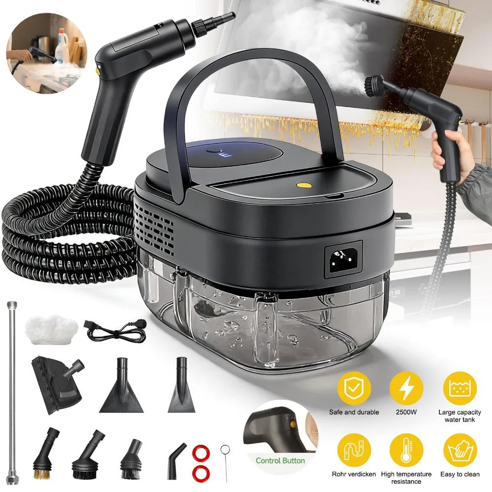 1 ensemble de nettoyeur vapeur haute température 2500W avec réservoir d'eau de 1600 ml et vapeur réglable sur 3 niveaux, utilisé pour la cuisine, la voiture et la salle de bain.