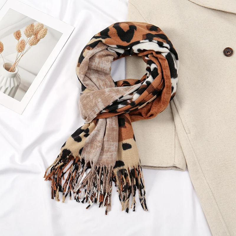 Newest Imitation Cashmere Tassel Scarf Leopard Print Color Blocks Splicing Together Shawl Wrap Winter Warm 2024 Hot Sale Scarf