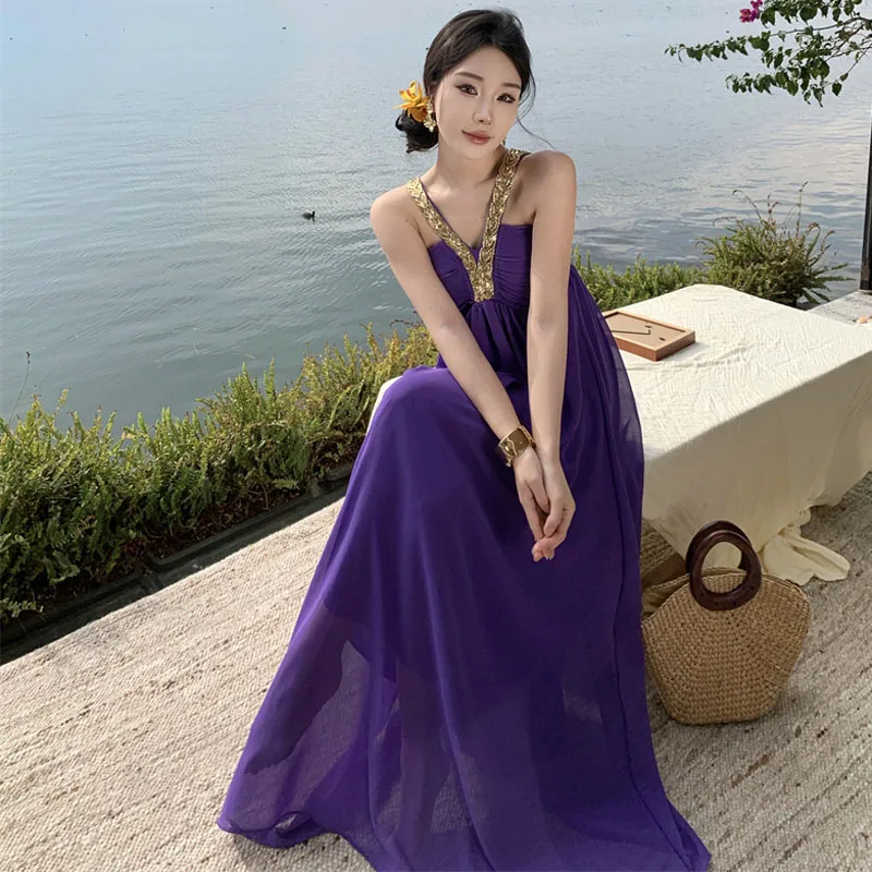 Summer Fashion Sexy Off Shoulder Backless Boho Party Maxi Dress Retro Temperament Purple Chiffon Casual Holiday Beach Long Dress