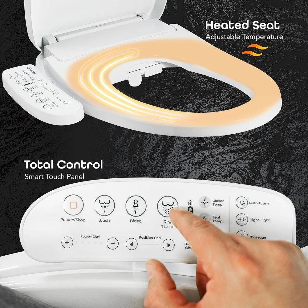 Electric Heated Bidet Smart Toilet Seat with Unlimited Heated Water, Side Control Panel, and Adjustable Warm Air Dryer