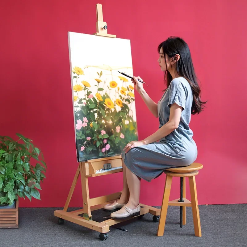 Solid wood easel for art students Foldable floor sketch easel Oil painting Advertising display KT board rack
