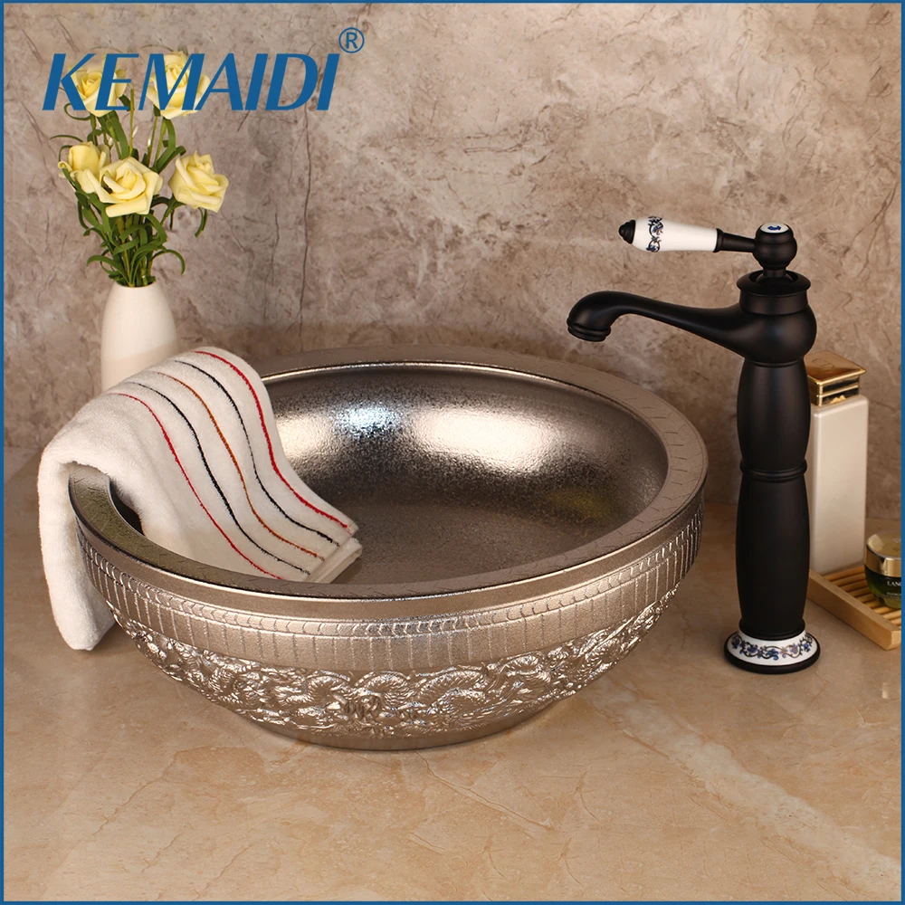 KEMAIDI Ceramic Wash Basin Vessel Sink With Antique Brass Bathroom Faucet Leaf Pattern Counter Top Wash Basin Bathroom Sinks