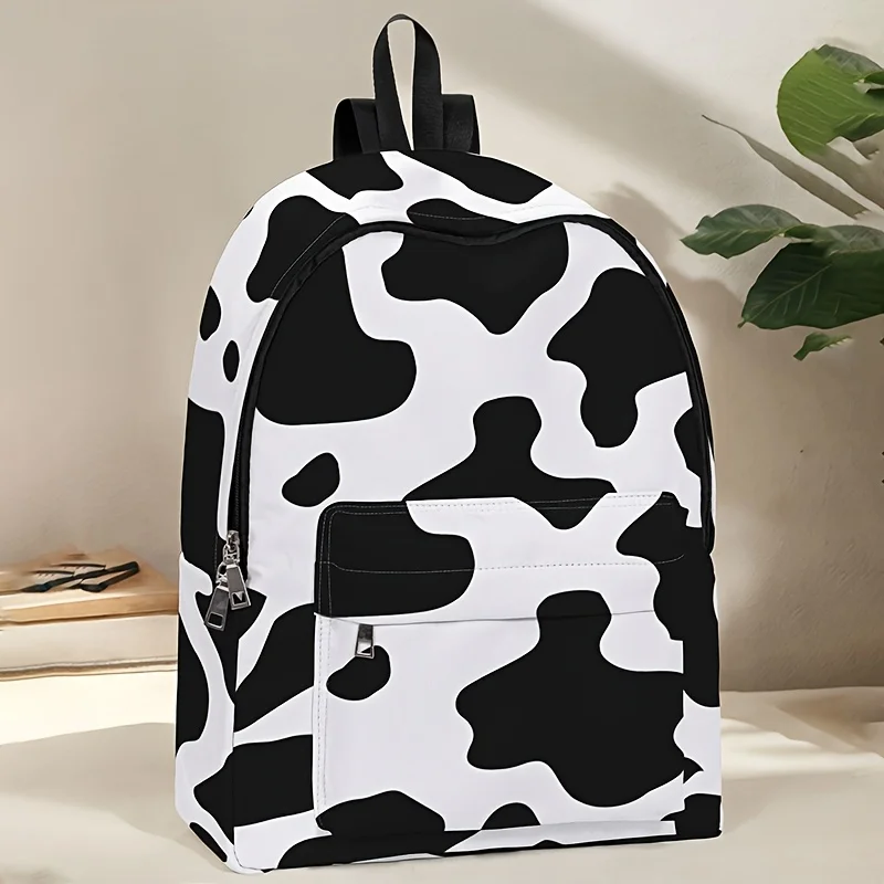 Cow Pattern Printed Backpack Large Capacity Multiple Pocket Adjustable Shoulder Straps Zipper Closure Casual Academy Style