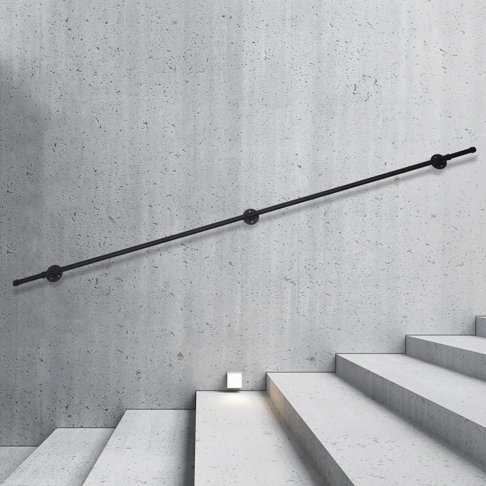 

8FT Staircase Handrail Rustic Black Industrial Pipe Railing W/ Wall Mount Brackets For Indoor Stairs Wear-resistant & Rust-proof