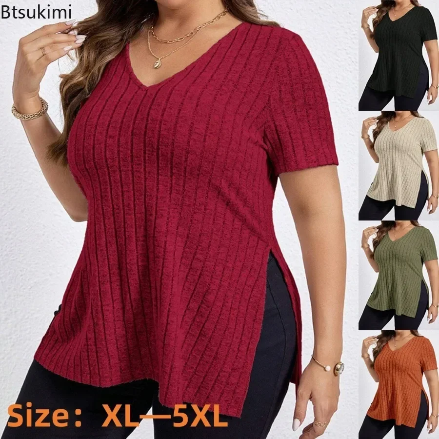 2026Women's Summer Casual Knitted Short Sleeve Shirts Solid Top V-neck Striped Split Pullover T-shirt Female Tops Teels T-shirts