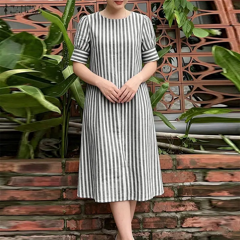 

Women 2026 Summer Casual Striped Midi Dress O-Neck Half Puff Sleeve A-Line Dresses ZANZEA Vacation Daily Wear Commute Robe Femme