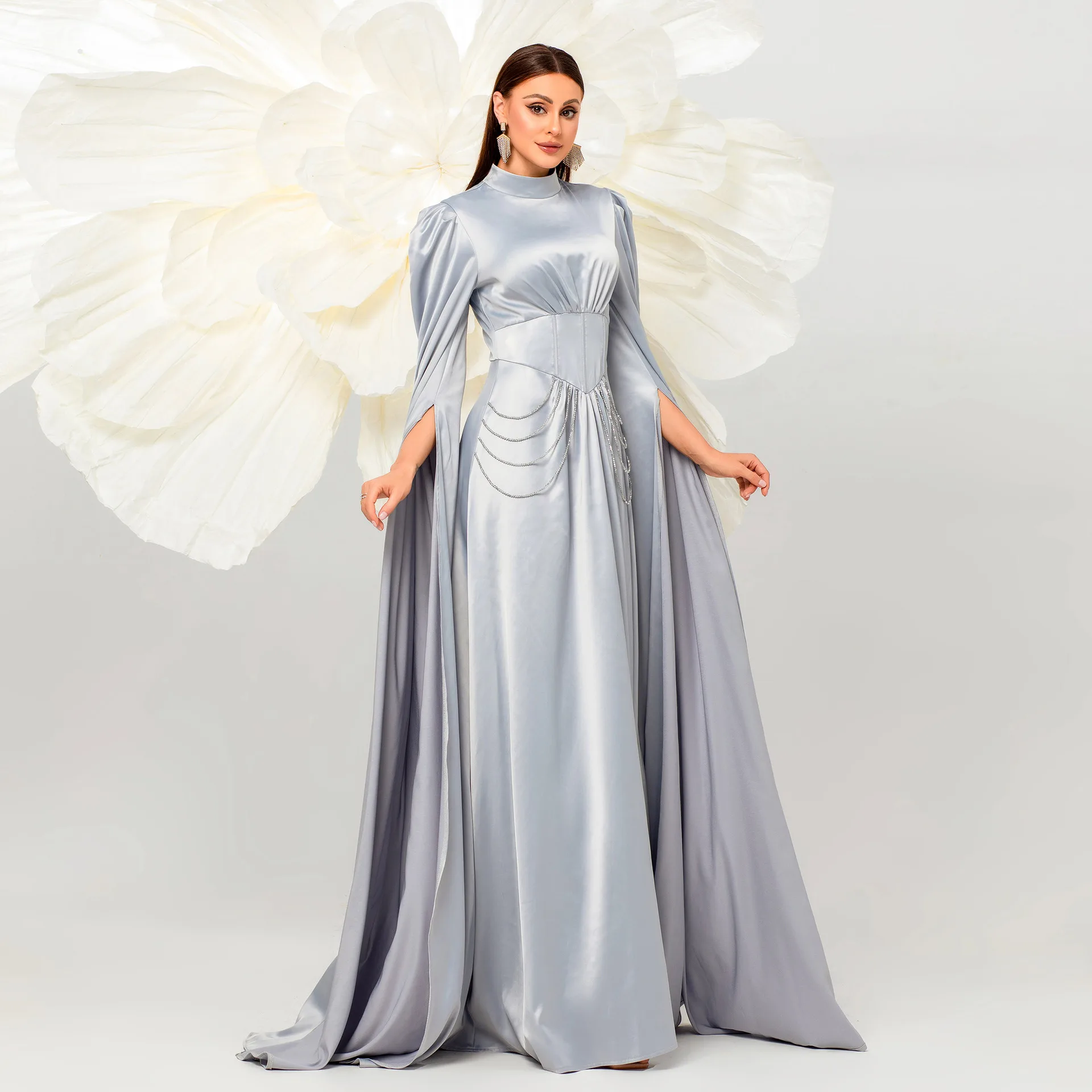 

Элегантное вечернее платье с длинными рукавами, с завышенной талией, приталенное, для свадьбы, банкета, выпускного вечера, для подружки невесты, с круглым вырезом, длинное