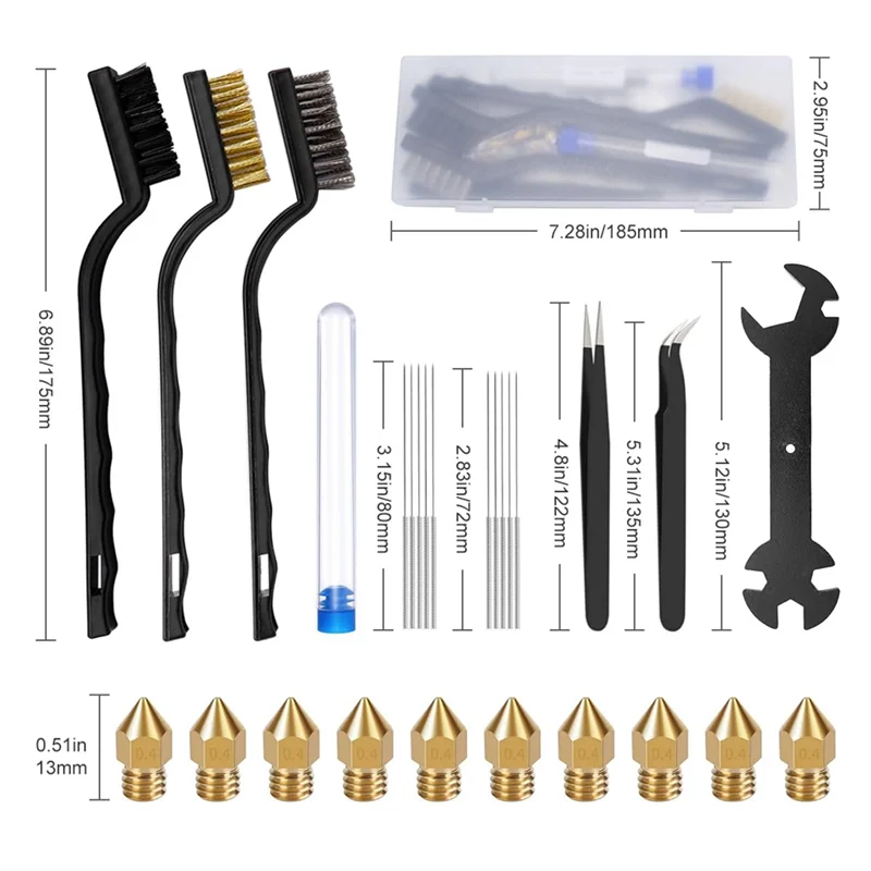 Exquisite-Brass MK8 Nozzles 27 PCS 3D Printer Nozzle Cleaning Kit 5-In-1 Wrench Tweezers Brushes Maintenance Tools For 3D Printi
