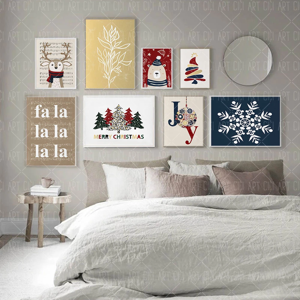 Christmas Joy Poster Snowflake Deer Art Print Tree Bear Canvas Painting Rainbow Wall Picture Living Room Home Decor Holiday Gift