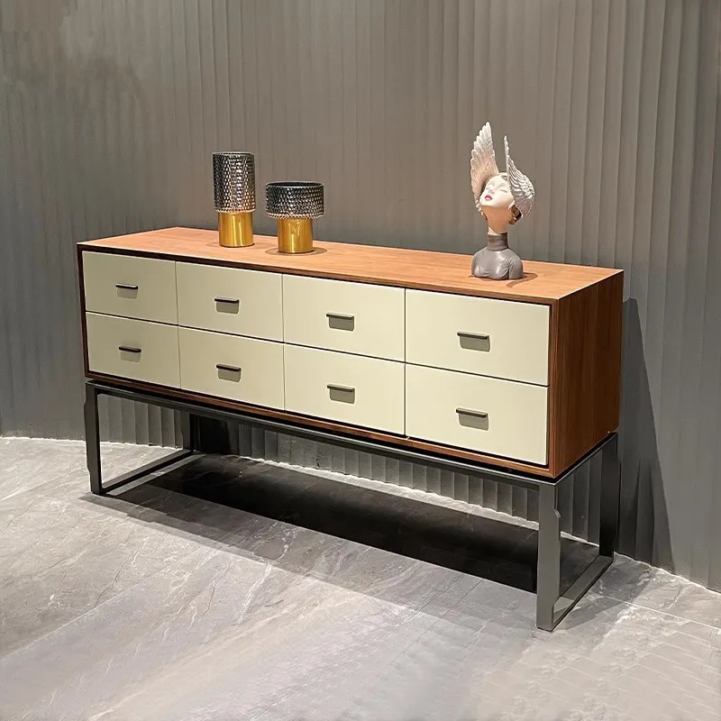 

Italian light luxury dining side cabinet designer creative high-end entrance cabinet stainless steel walnut storage locker