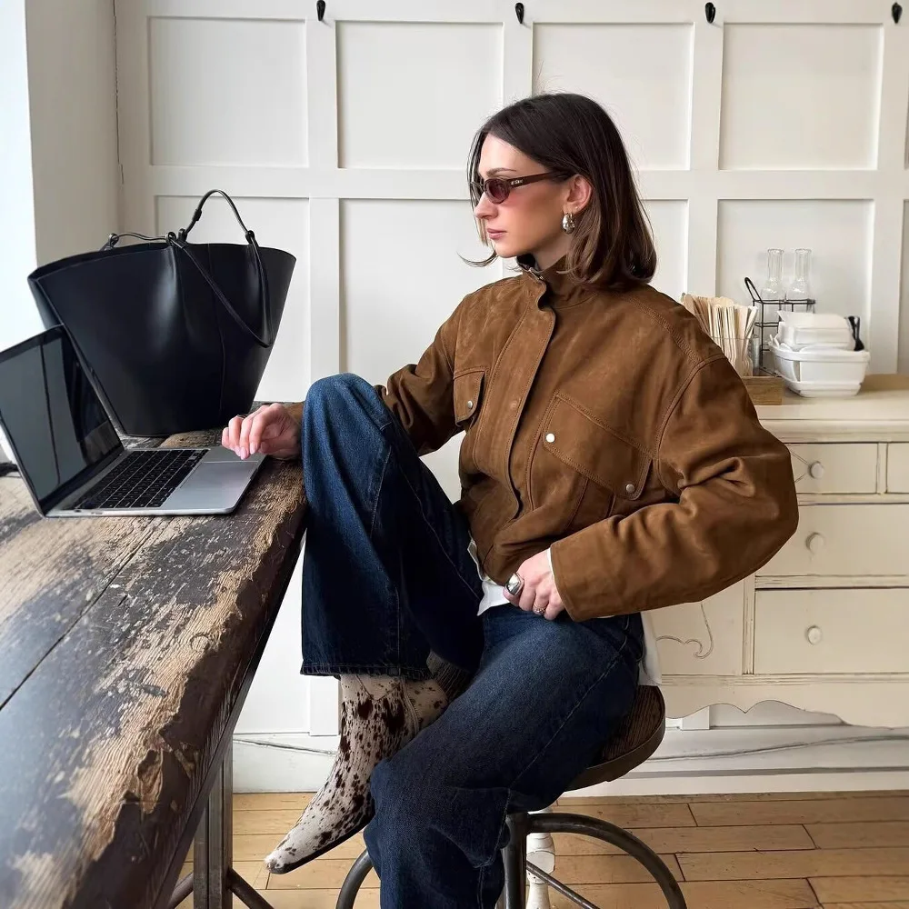 

Women's Suede Jacket Autumn New Style Simple Casual Zipper Decorated Stand-Up Collar Clothing for