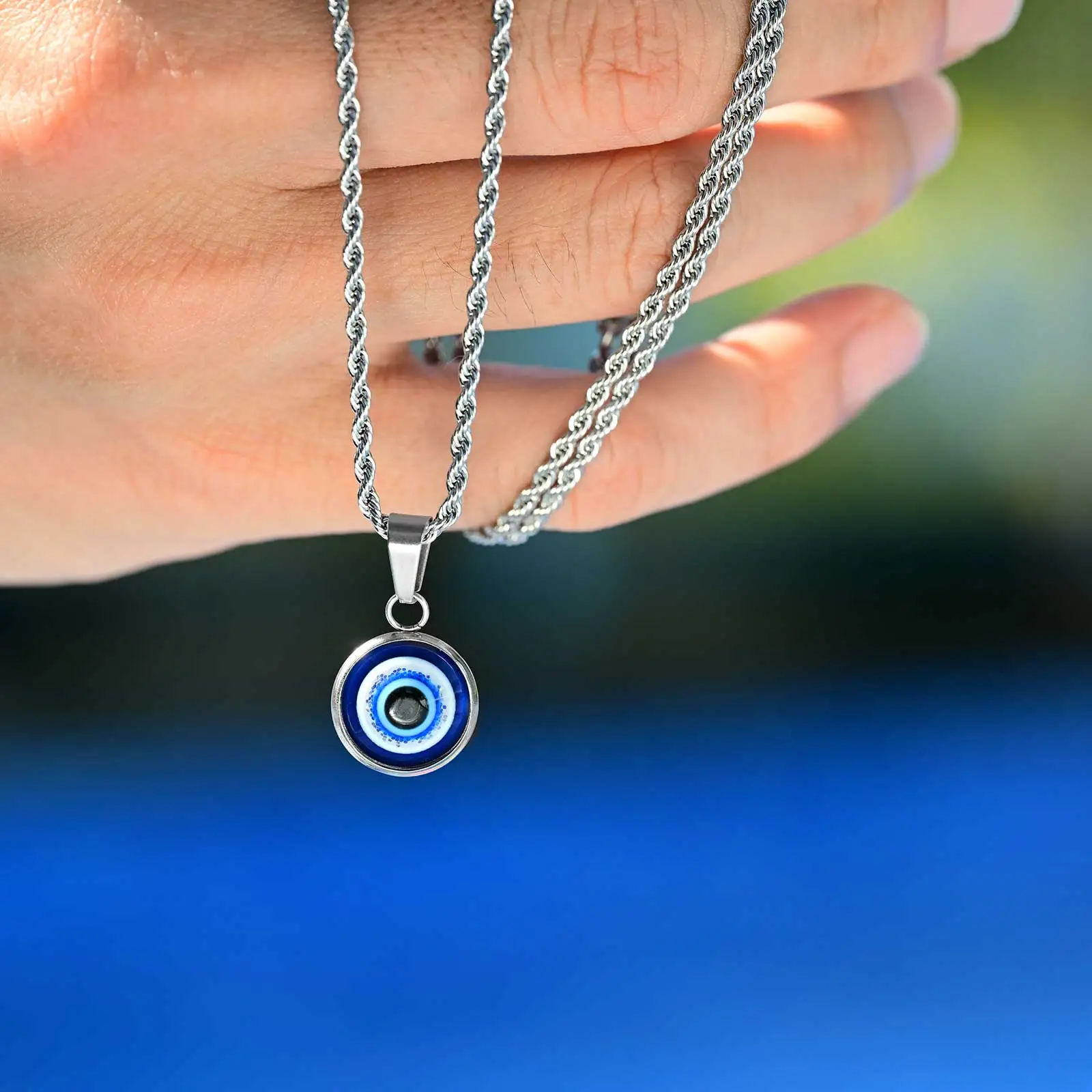 Türkische Halsketten mit bösem Blick aus Edelstahl für Männer, Halskette mit rundem Anhänger mit blauem Auge, ethnischer Kragenschmuck – Detail 5