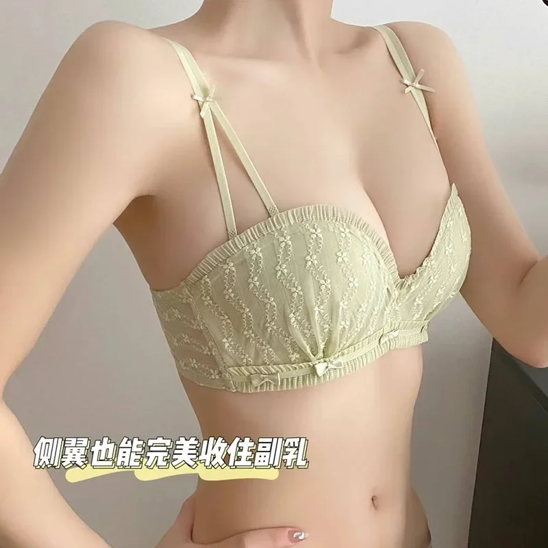 Japanese pure desire sexy lace non-slip invisible small chest gathering special no steel ring bra underwear underwear set