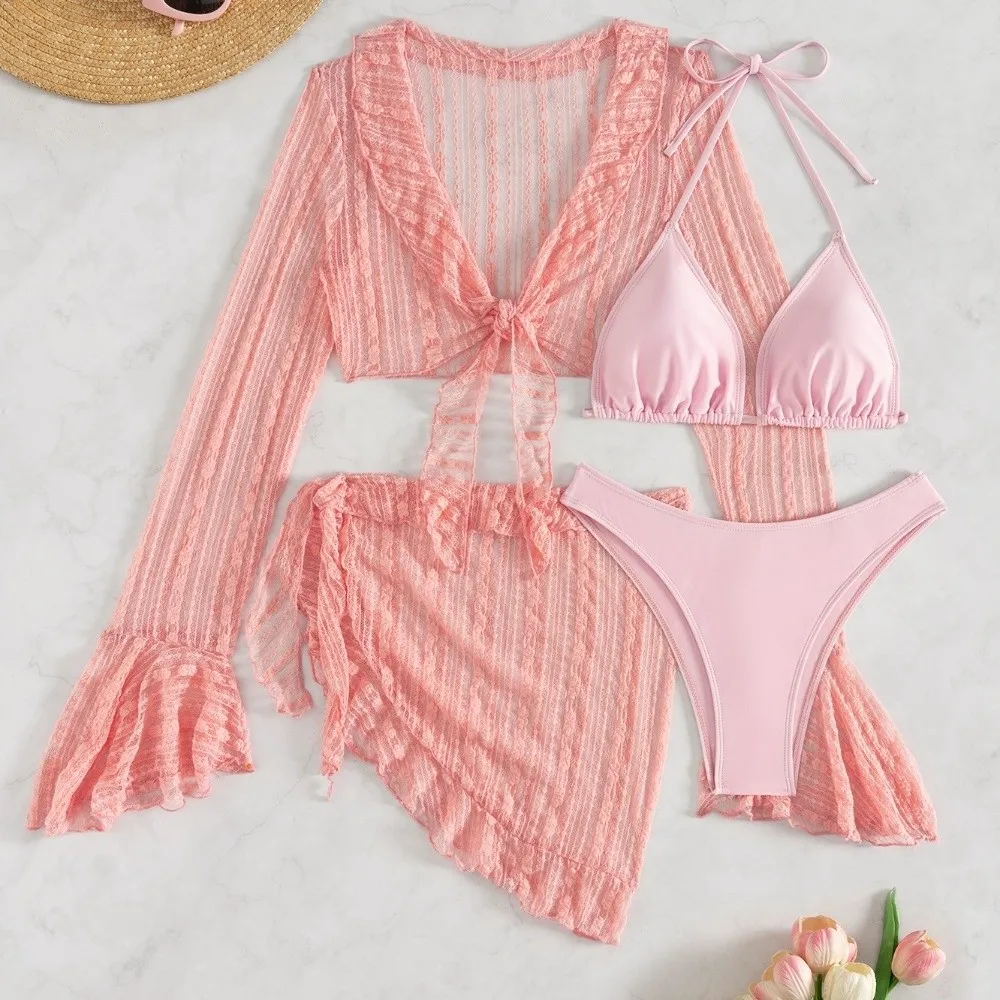 

4Pcs/Set Fashion Summer Women Swimsuit Long-sleeve Party Bikini Set Casual Vacation Brazilian Beachwear for Women