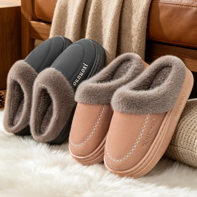 Autumn Winter Waterproof Women Slippers Thickened Fleece Warm Non‑Slip Home Outdoor Slippers for Men