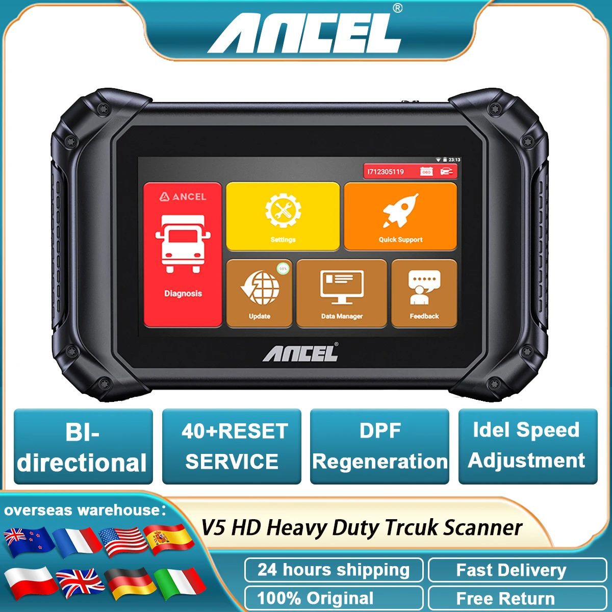 

Heavy Duty Truck Scanner for 24V 12V All system Diagnostic D.PF Regen Idel Speed Adjust OBD HD Scanner for Truck ANCEL V5 HD