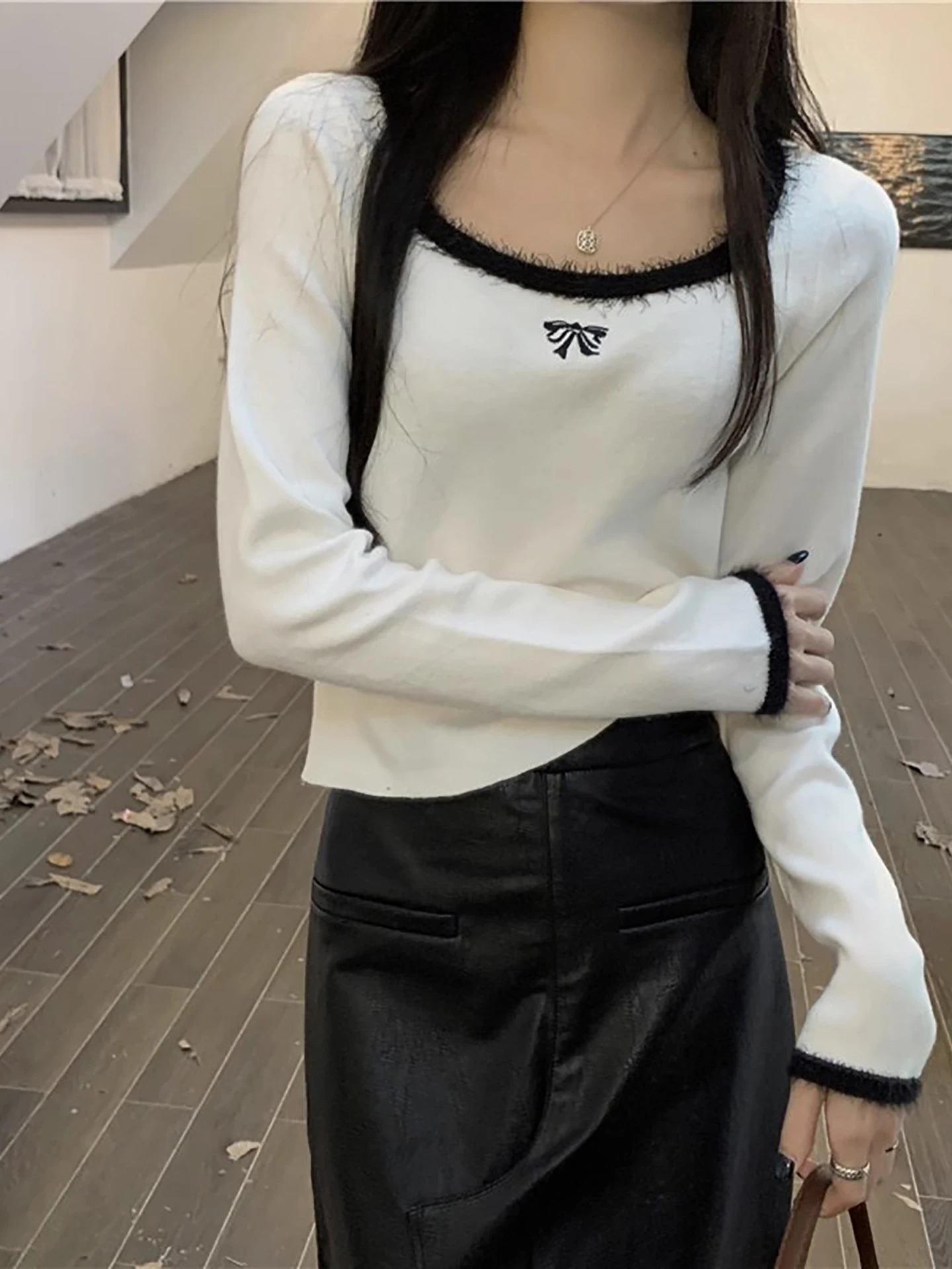 

Women's Knitted ort Sve Base irt Square Collar Slim Fit Inner Wear White Color Commute Sle Faion Design Top