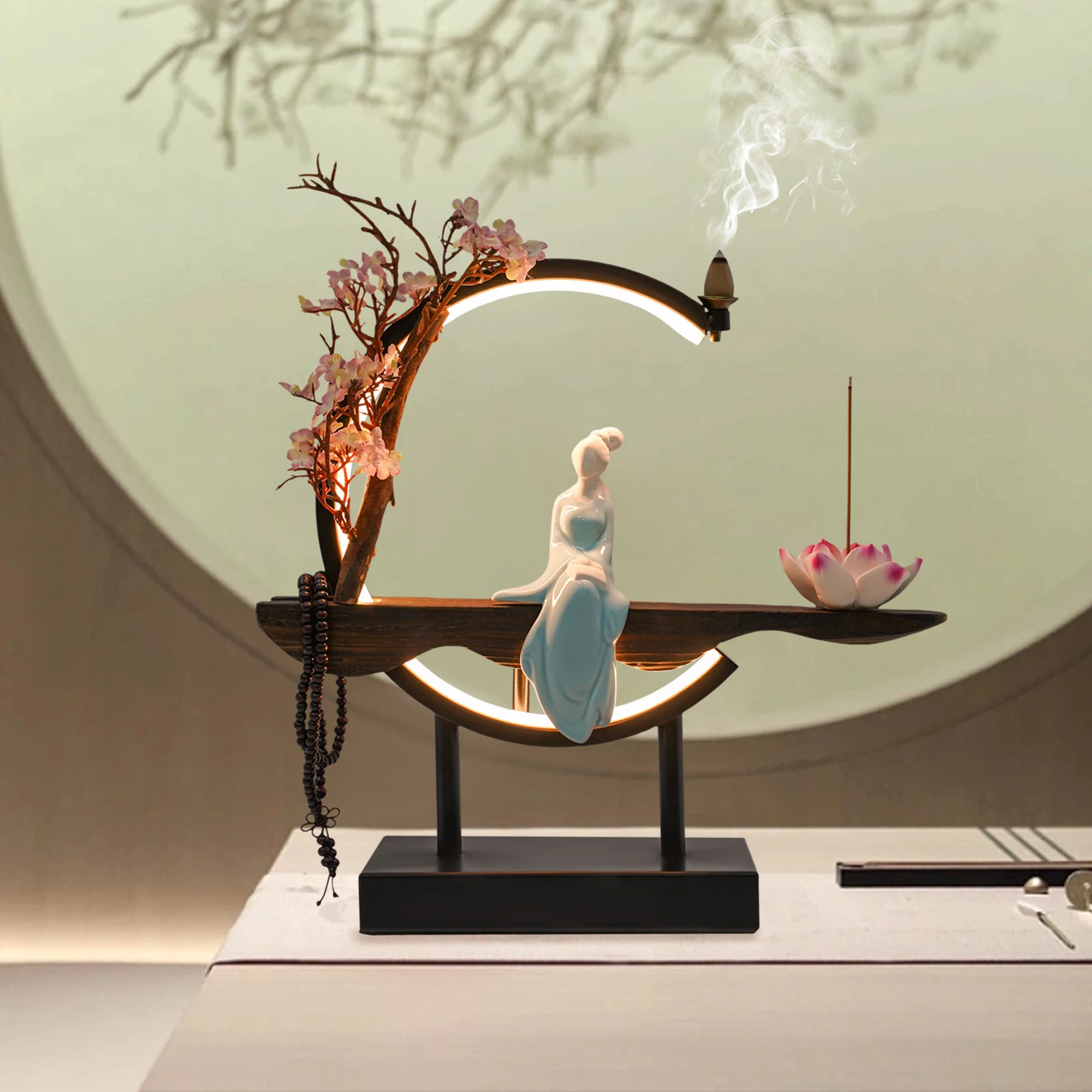 

Backflow Incense Burner Incense Cone Sticks Holder Home Decor Porcelain with Lotus Flower and Ceramic Statue for Offices Hotels
