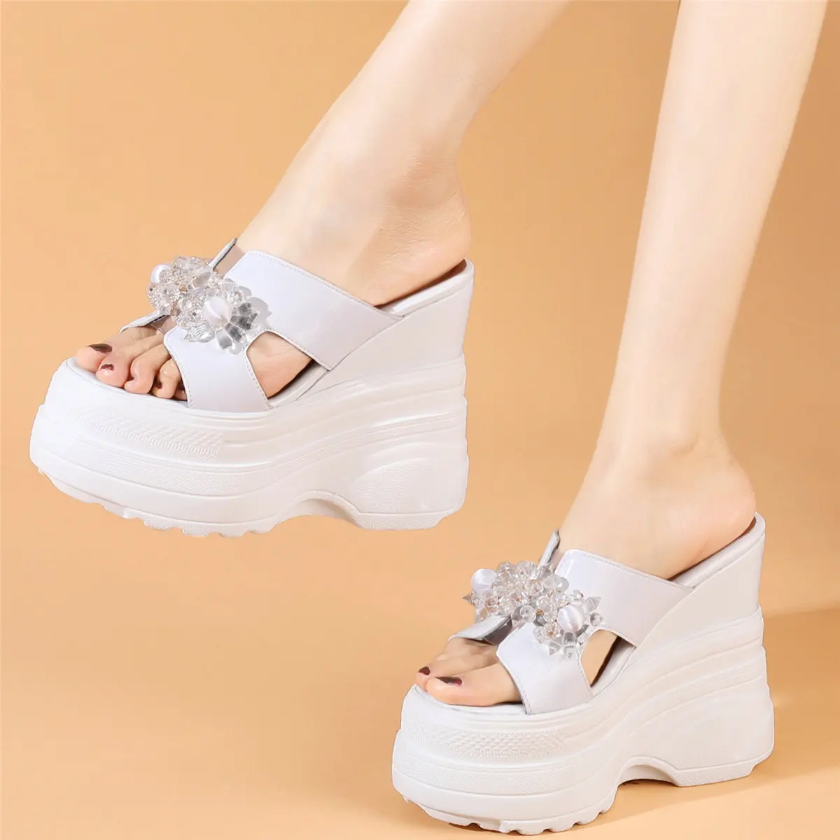 

Rhinestones Slippers Women Genuine Leather Wedges High Heel Gladiator Sandals Female Open Toe Chunky Platform Pumps Casual Shoes