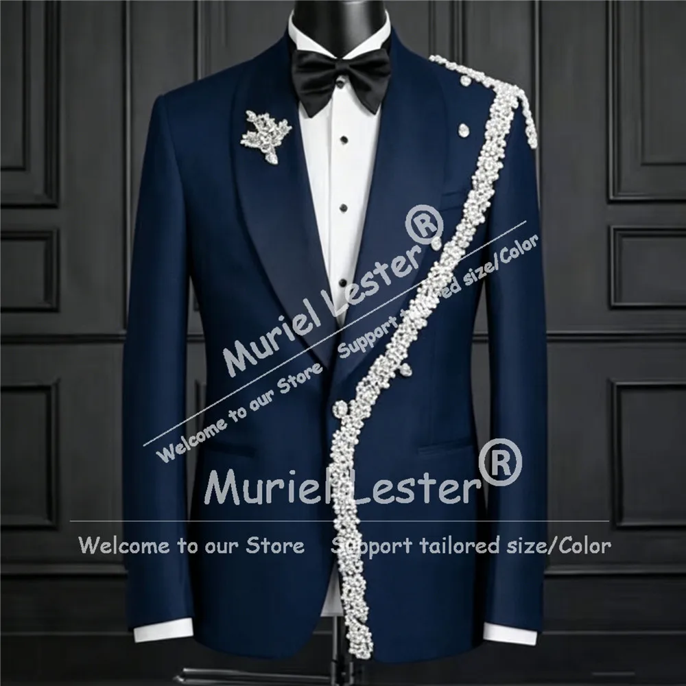 Exclusive Suit Men Pearls Beaded Prom Blazer Pants 2 Piece Sets Groom Weding Tuxedos Customized Man Attire Business Party Outfit