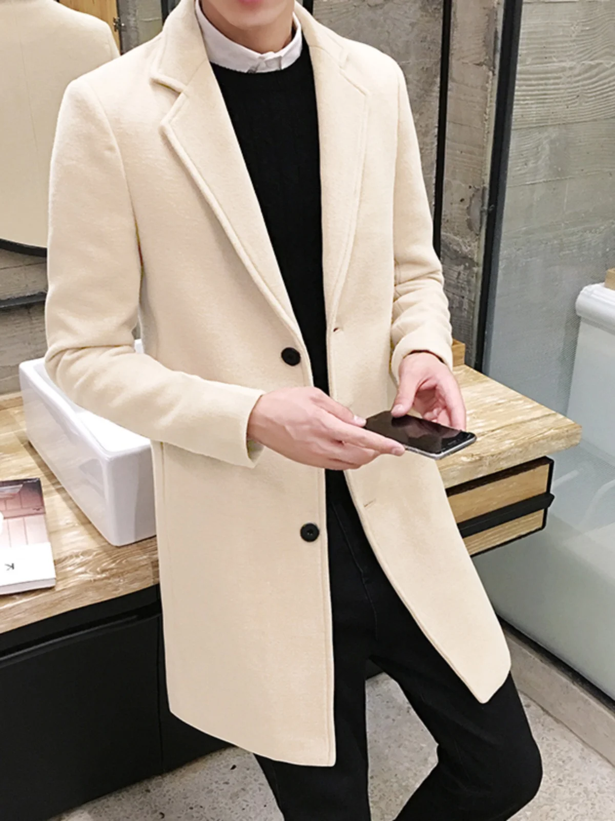 معطف صوفي عصري للرجال متوسط الطول سميك للخريف والشتاء أنيق مقاوم للرياح بأسلوب شبابي كاجوال بإغلاق بزر واحد #2