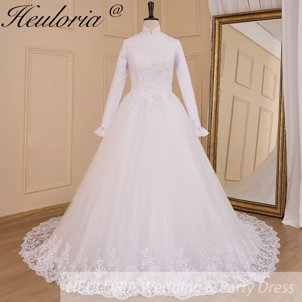 HEULORIA Muslim Wedding Dress long sleeve bride dress high neck plus size robe de mariee Lace beading  Bridal Gown