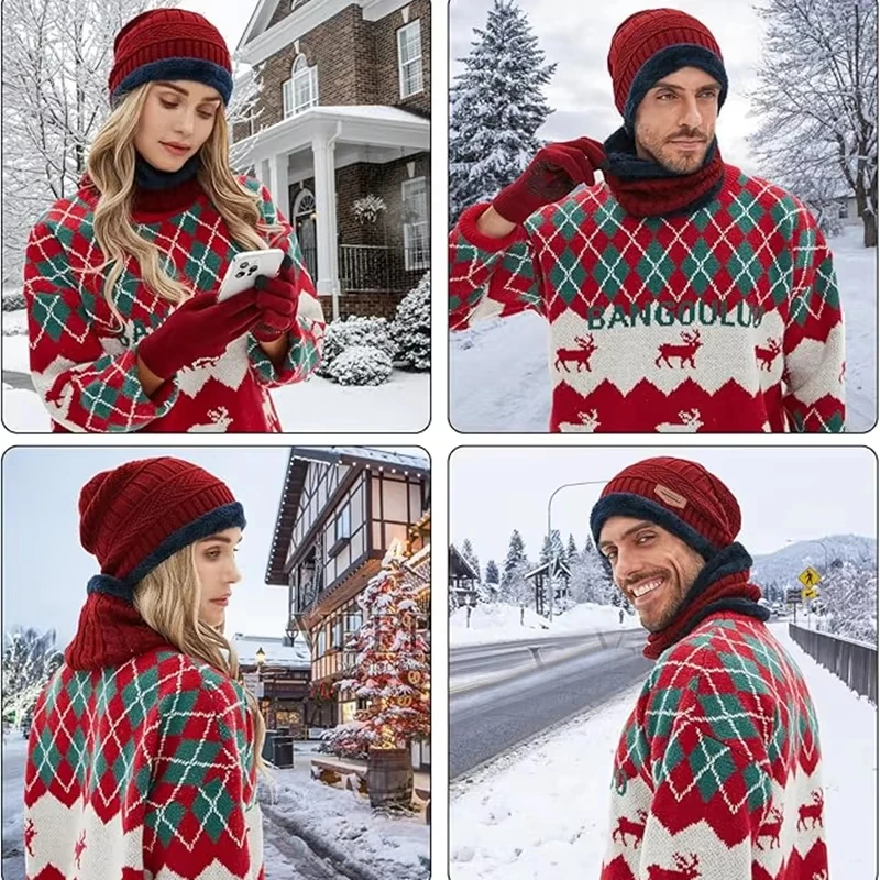 

Winter Men Women Thick Beanie Hat Knitted Hat Winter Cap Beanie Female Wool Neck Scarf Cap Glove Balaclava Mask Bonnet Hats Set
