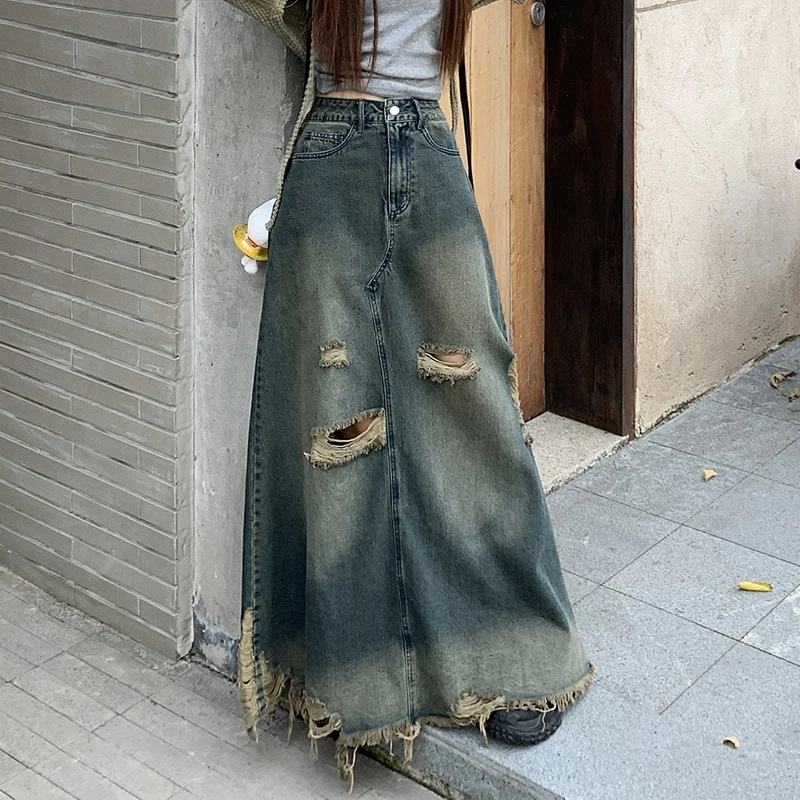 Vintage Holes Ripped Hollow Out Long Denim Skirts for Women Maxi High Waist Frayed Raw Hem A line Flare Jean Skirt with Pockets