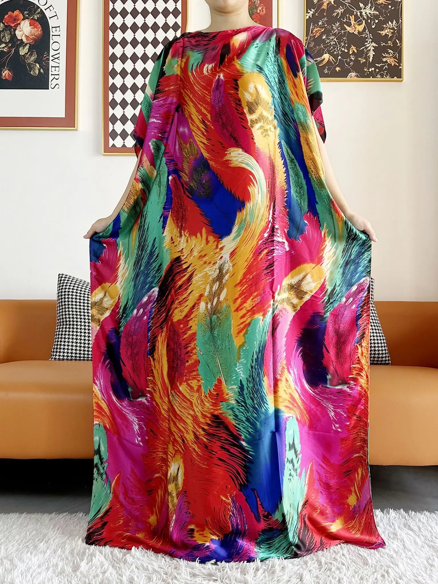 Abayas de seda estampada para mulheres, robe solto macio, vestidos islâmicos africanos com lenços, roupas muçulmanas, moda verão, 2023