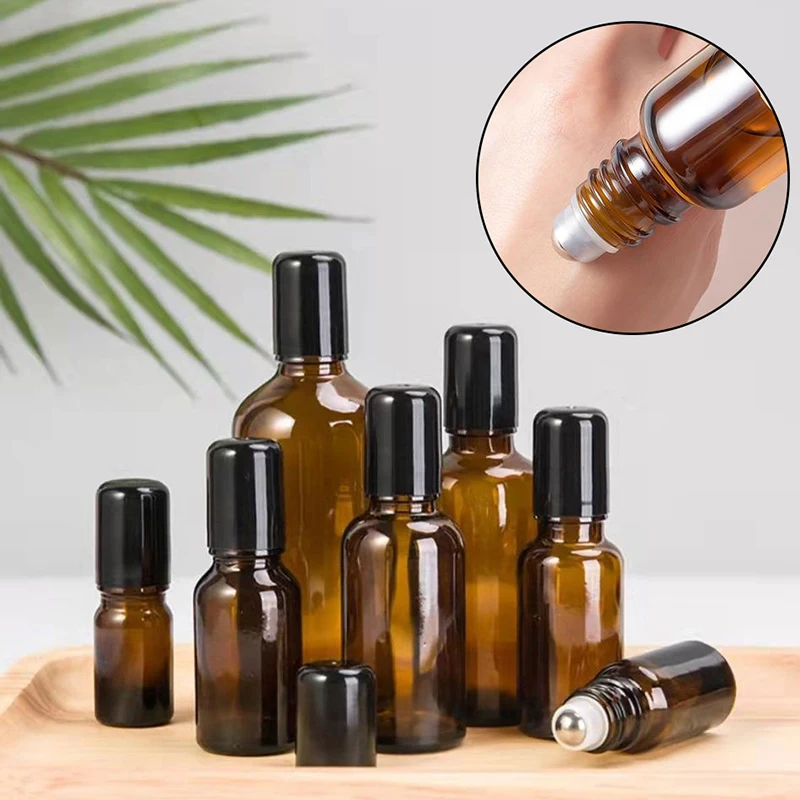 1PC Tea Colored Rolling Ball Bottle Cosmetic Original Solution Bottle Small Sample Bottle Light Proof Essential Oil Glass Bottle