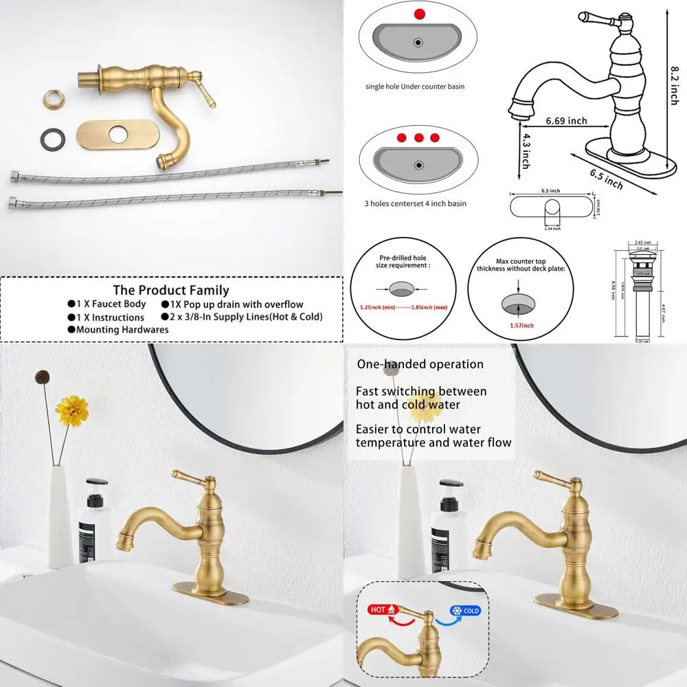 

Single Handle 360° Swivel Antique Brass Bathroom Faucet with Pop-Up Drain and Overflow for Vanity Basin