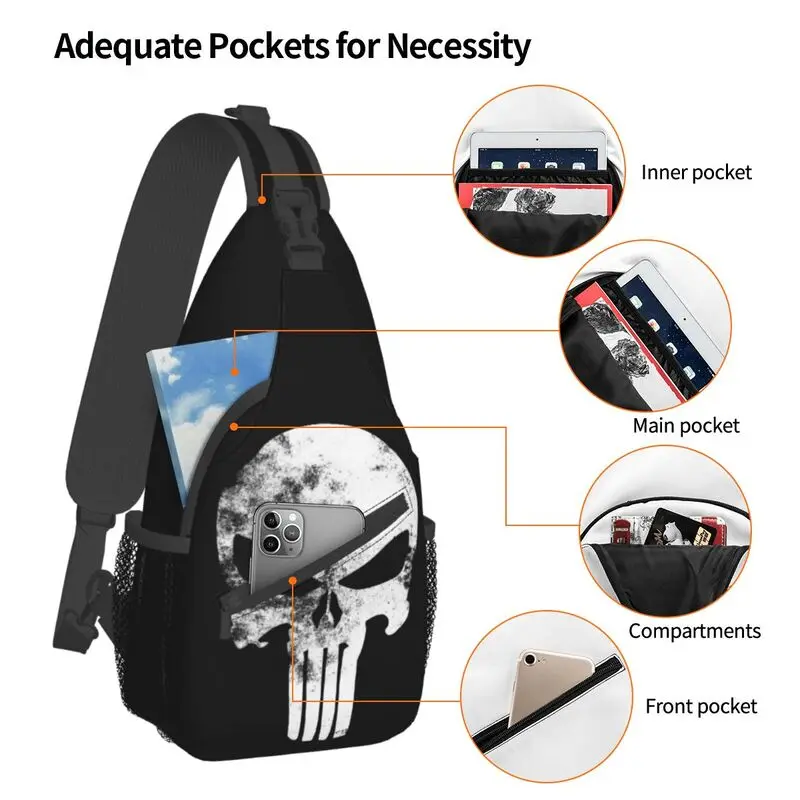 Vintage Punisher Skeleton Skull Sling Chest Bag Customized Shoulder Crossbody Backpack for Men Travel Hiking Daypack