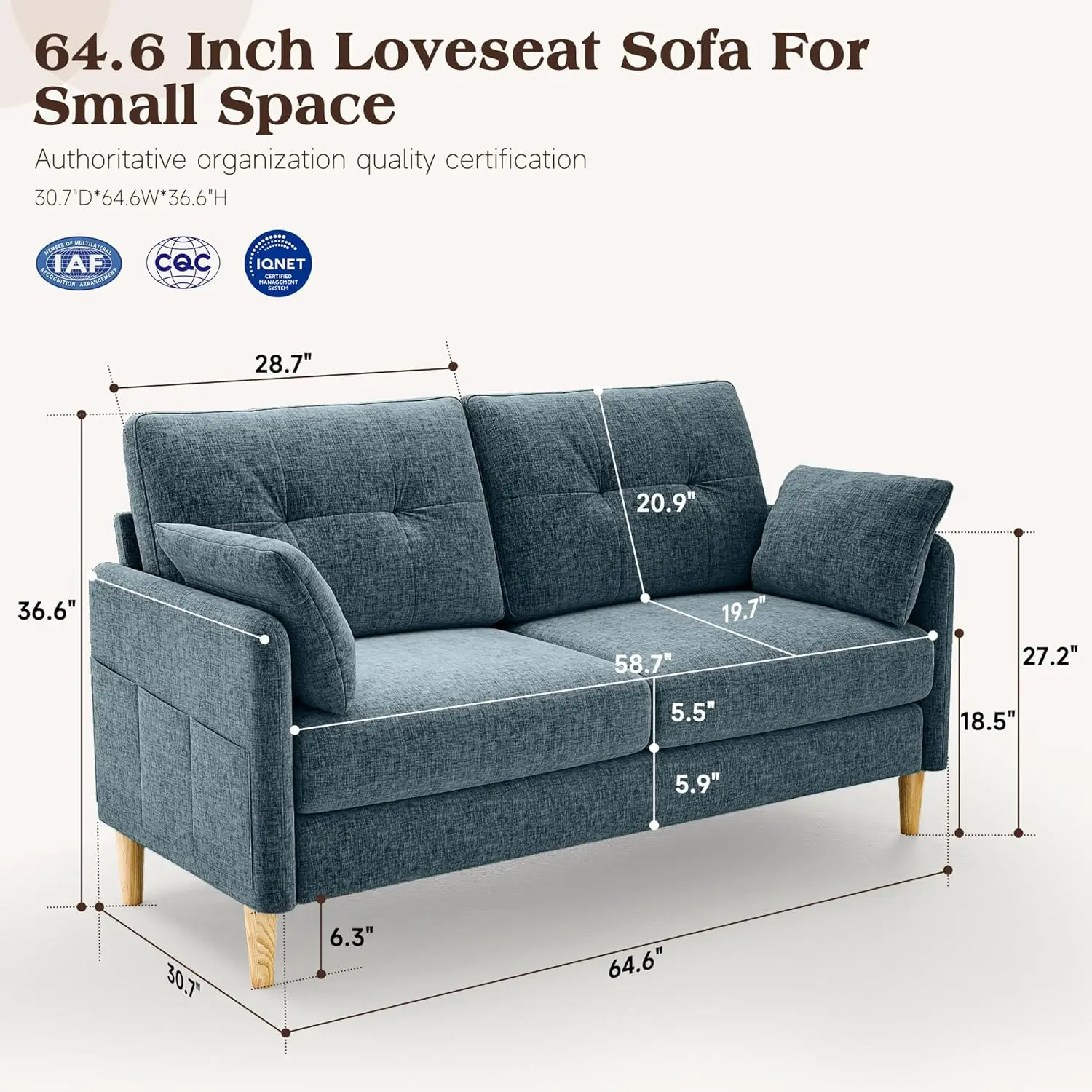 Sofá Pequeno de 64,6 Polegadas em Chenille com Capa Removível e Almofada, Personalizado para Sala de Estar, Quarto e Escritório