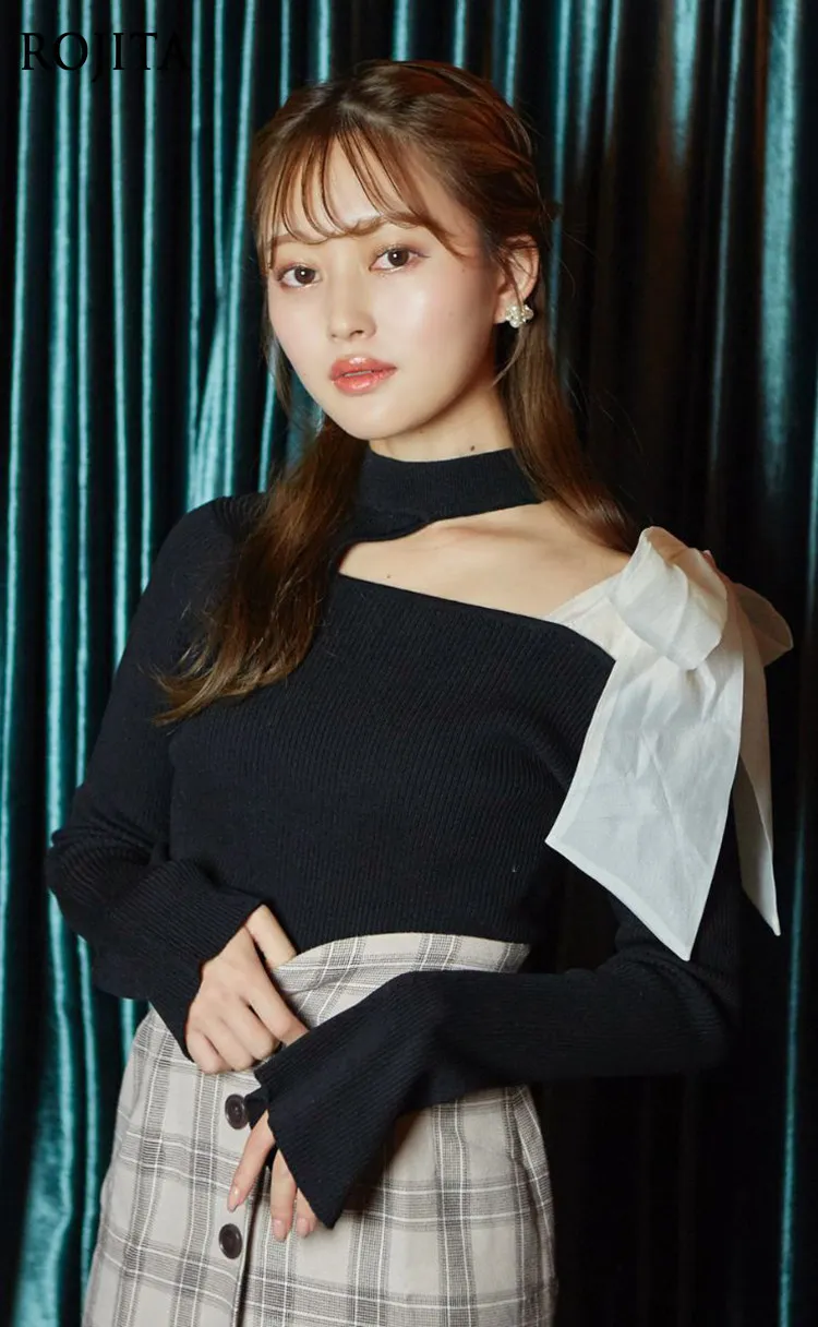Japanese-style Sweet Two-way Wear Off-shoulder Pullover with Large Bow Thin Knitted Top for Ladies Long Sleeve Sweater Mujer