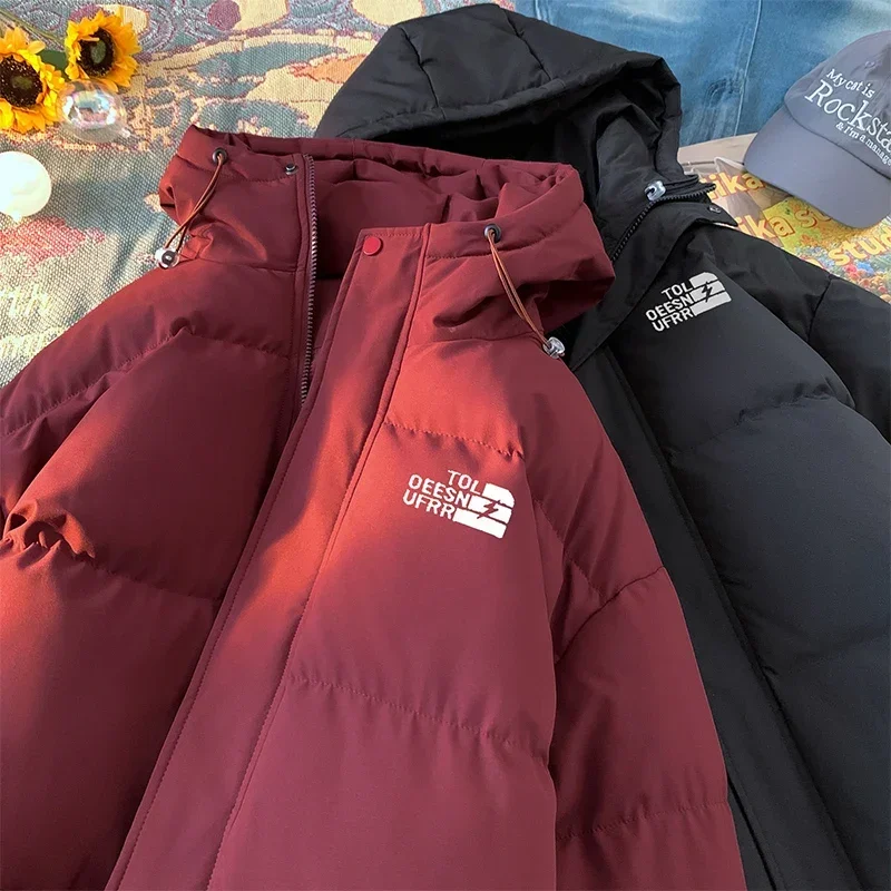 Chaqueta con capucha para hombre, Parkas nuevas de invierno, moda Harajuku, prendas de vestir informales para parejas, abrigos cálidos acolchados con estampado de letras para hombre 2024