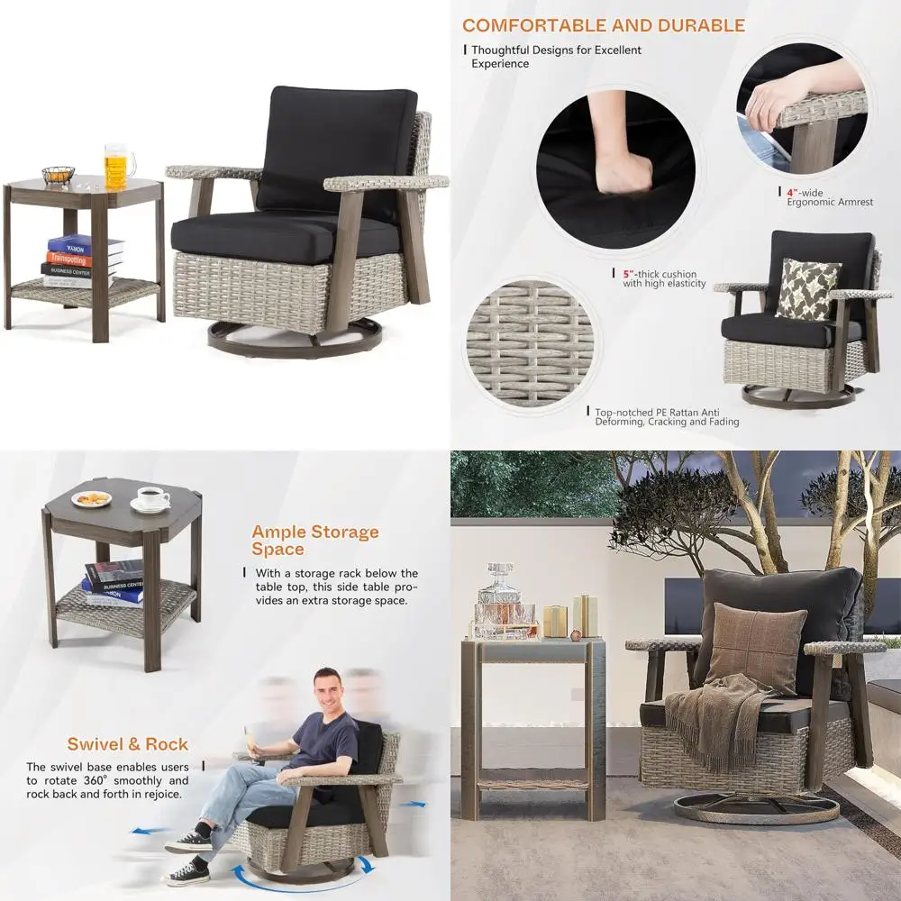 

Outdoor Wicker Furniture Set: 2-Piece 360° Swivel Rocker Chair with Side Table