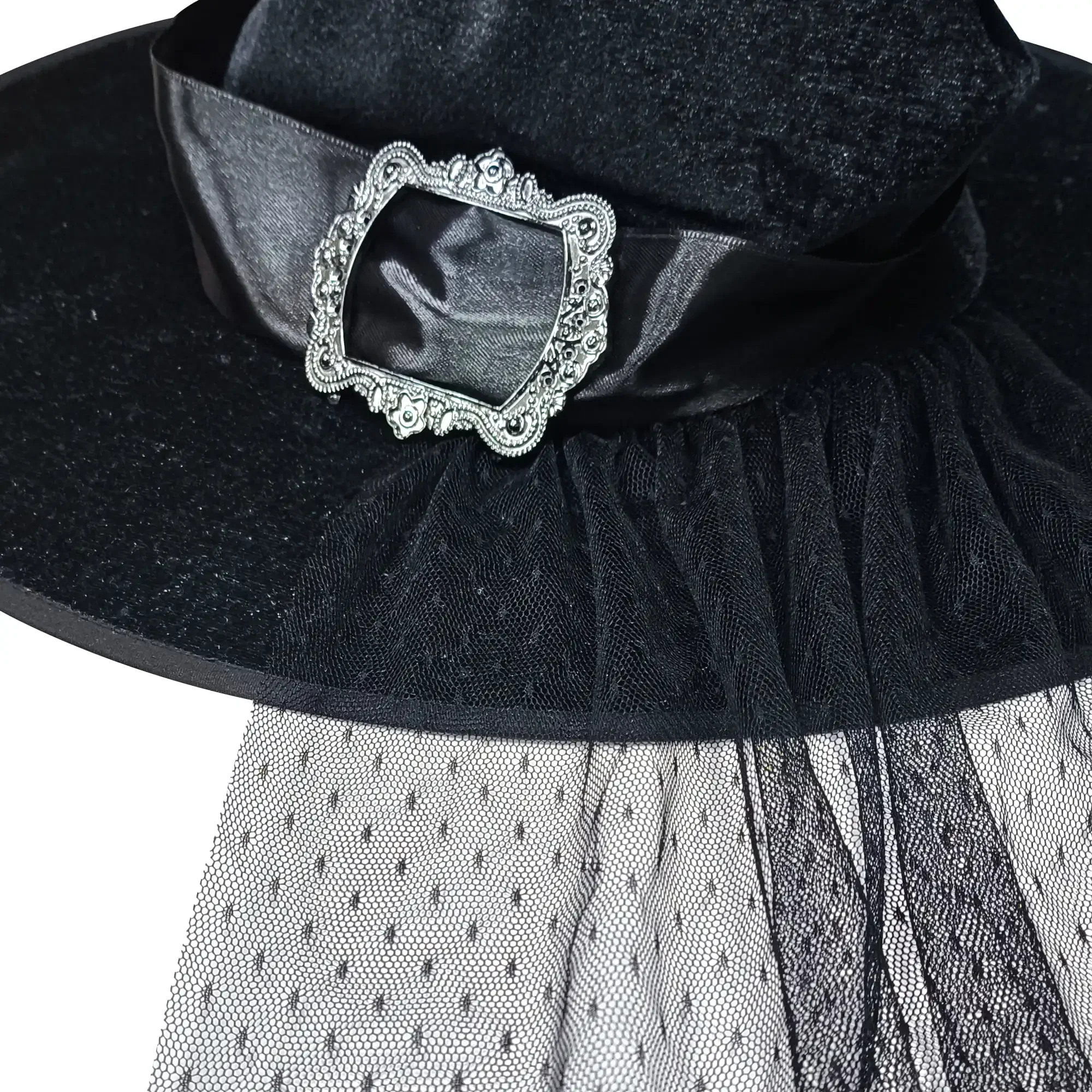 หมวกแม่มดแบบกอธิคสีดำประดับลวดลาย ขนาด 16 นิ้ว - อุปกรณ์เสริมชุดฮาโลวีนสำหรับผู้ใหญ่ พร้อมปีกหมวกขนาด 16 นิ้วสำหรับคอสเพลย์