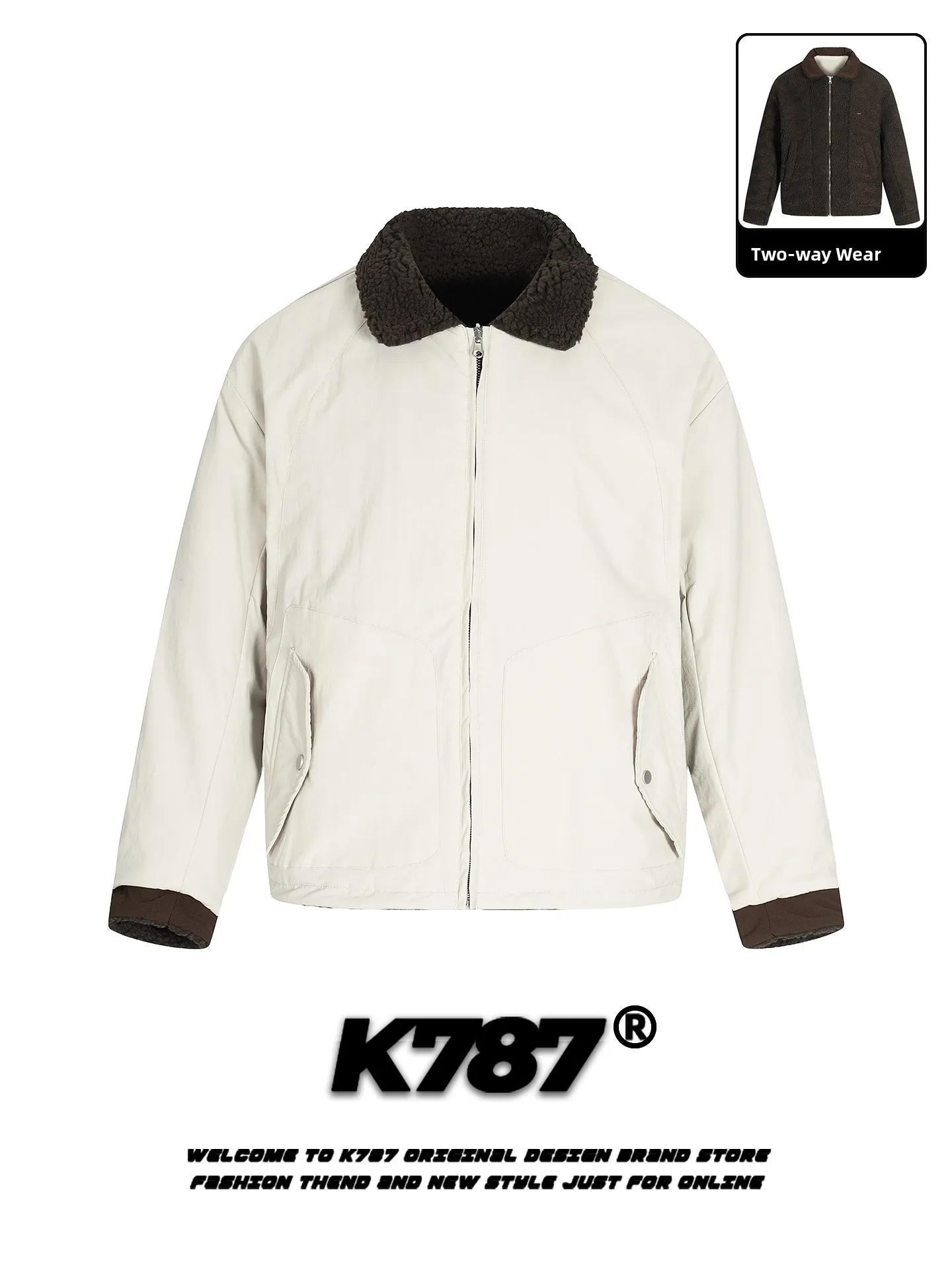 

American Retro Double-Sided Wear Lamb Fur Collar Jaet Loose Warm Thi Casual Couple Outerwear Youth ular Polyester Fiber