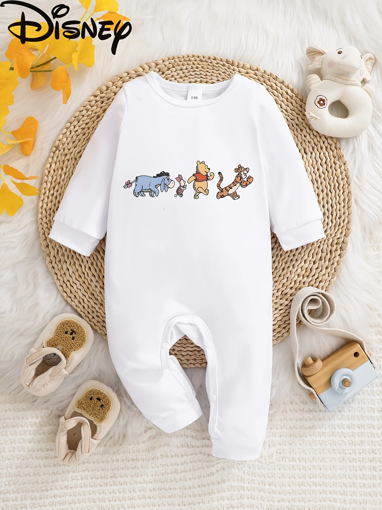 【معتمدة】 رومبير ديزني ويني ذا بوه بيبي بأكمام طويلة، طباعة كرتونية ديزني اللطيفة، رومبير أطفال ناعم ومريح، مناسب للاستخدام الخارجي والداخلي، رومبير ويني ذا بوه لعيد الفصح وعيد الأم وعيد الأب