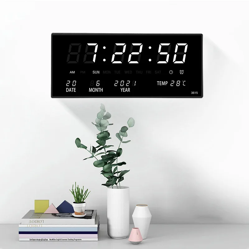 Luminous Digital Wall Clock Alarm Hourly Chiming Temperature Date Calendar Table Clock Electronic LED Clock Decoration with Plug