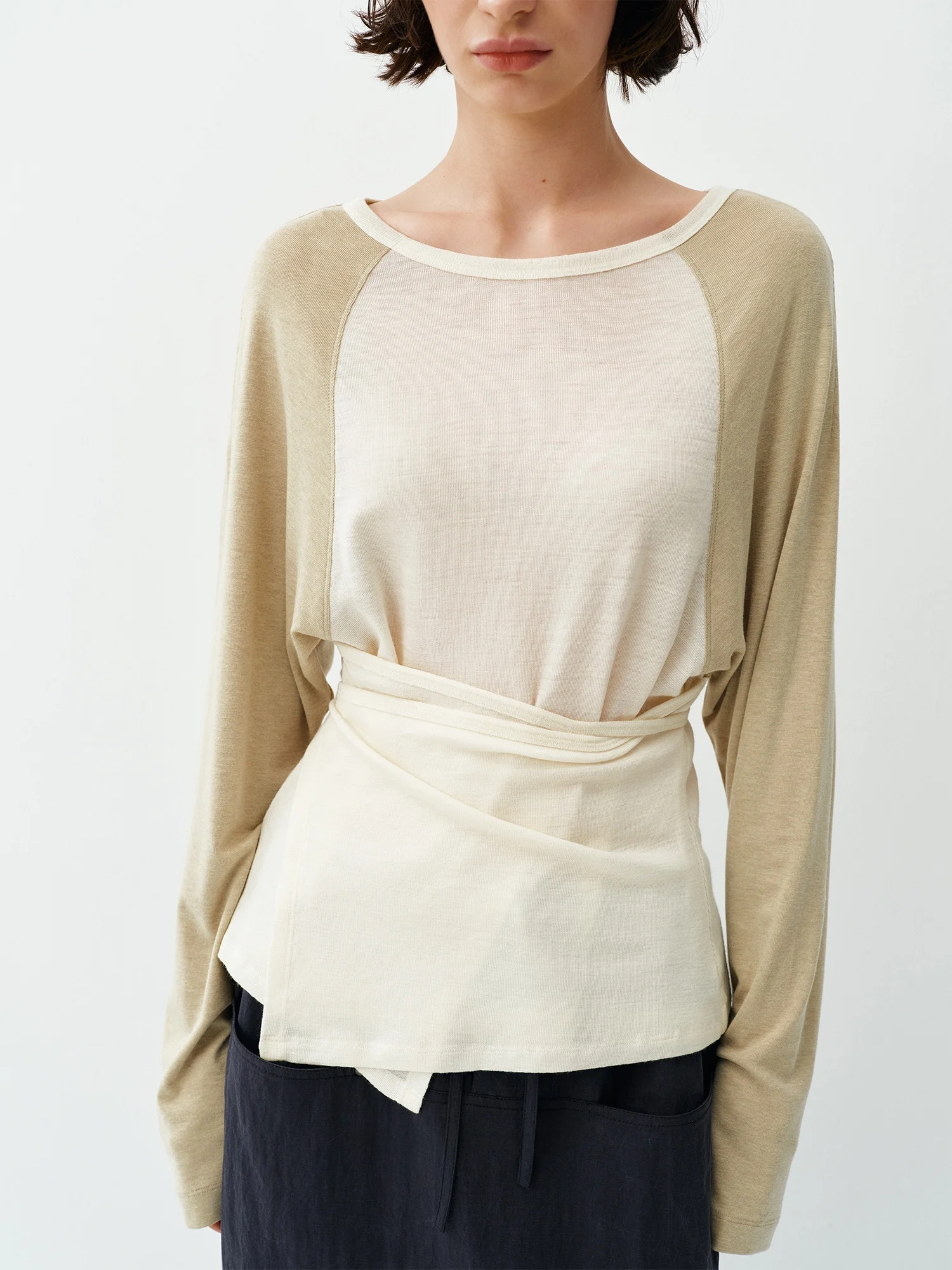 

Новинка осени 2025: Женский повседневный топ свободного кроя с длинным рукавом, вязаный, из шерстяной смеси, с цветными вставками на плечах и поясом