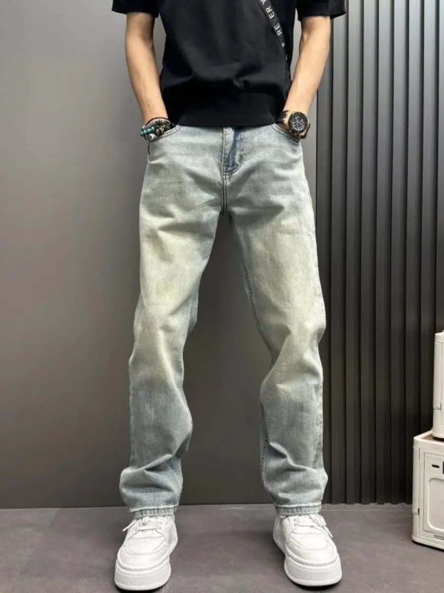 Retro Washed Loose Fit Straight Leg Jeans Men's Slimming Style American Style Casual Destroyed Denim Pants CleanFit Style