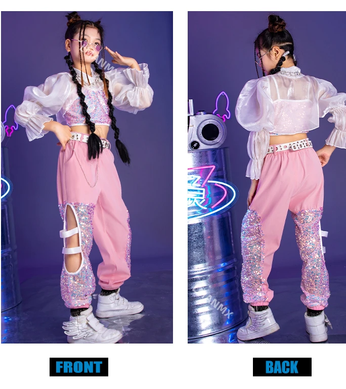 Ropa de K-PoP, conjunto de traje de baile de Jazz, disfraces de espectáculo de lentejuelas a la moda para niños, trajes de moda de pasarela para niñas, baile de Hip Hop para niños