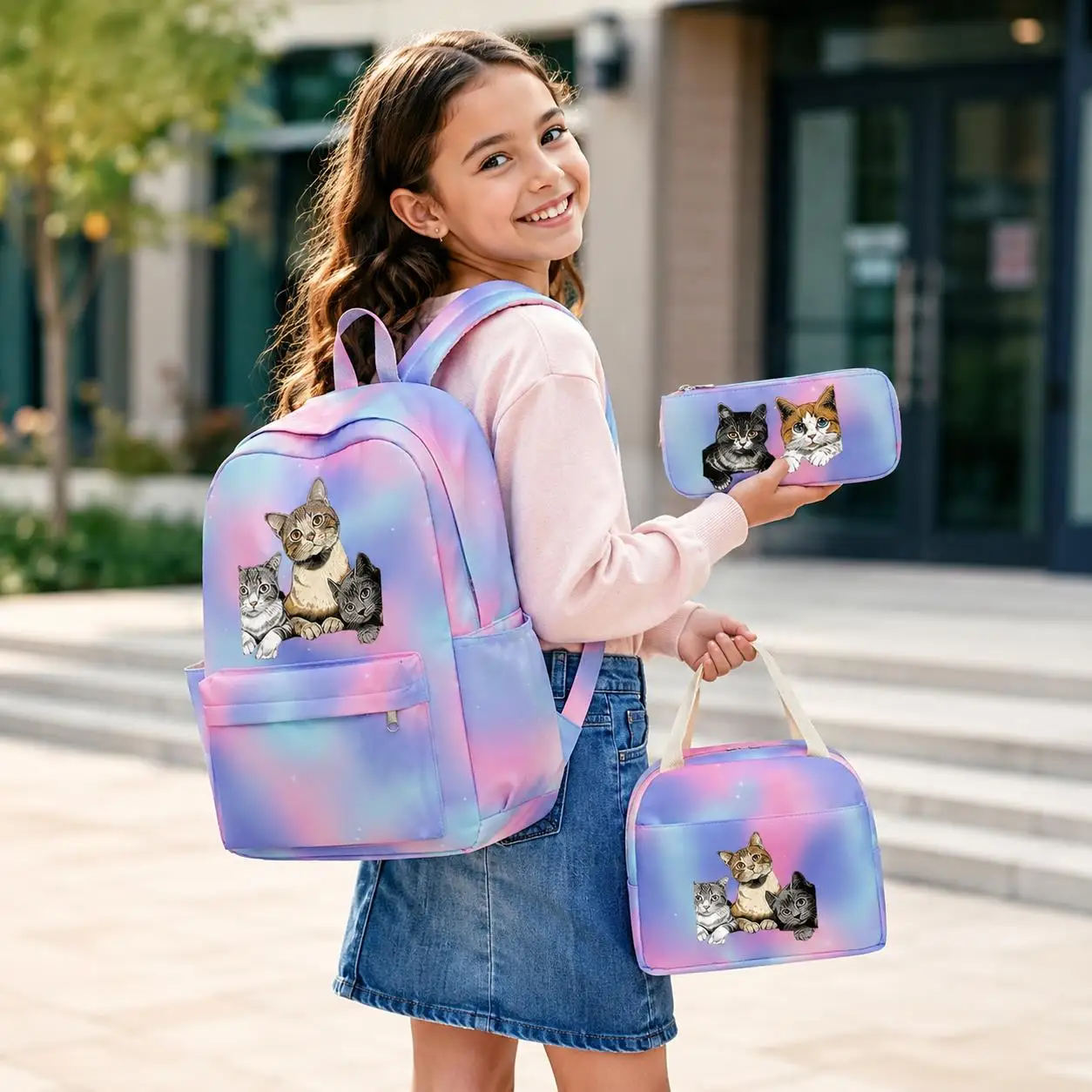 3Pcs/Set Cute Cat-Themed Student Girls Schoolbag Colorful Backpack with Lunch Bag Children Teenager Cartoon School Bookbag