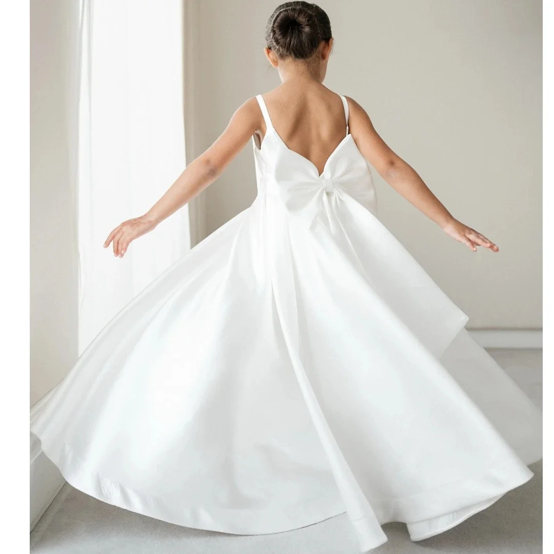 Customized White Flower Girl Dress Satin With Bow Sleeveless For Wedding Birthday Party Event Pageant Holy Communion Gown